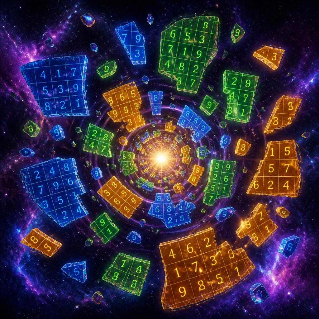 Colourful Sudoku grid pieces floating apart in space — the SudoCut concept